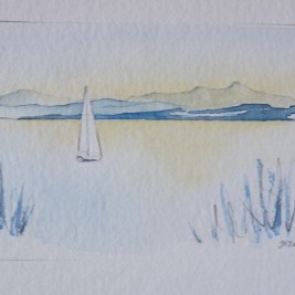 Aquarellbild mit  2 Frauen am Rheinufer sitzend